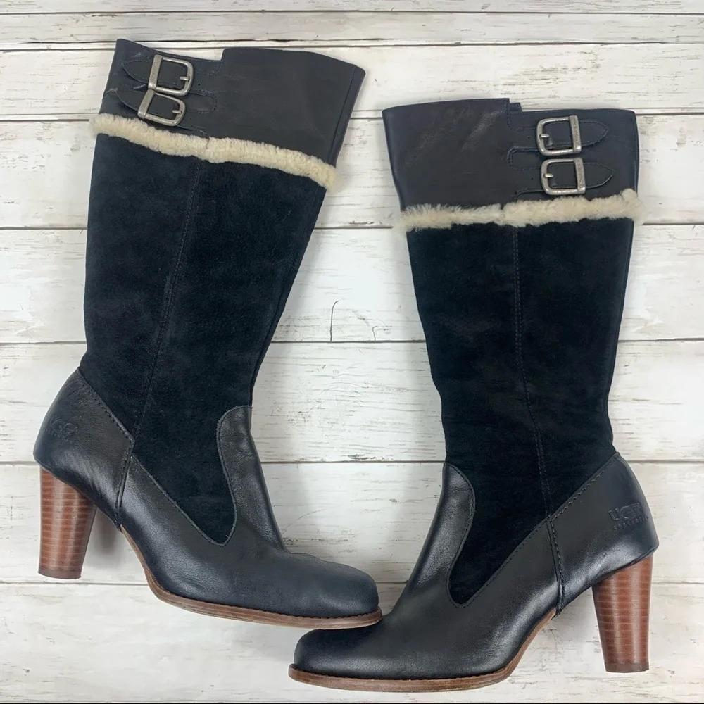 Ugg Raya Leather Suede Boots Buckle Black Heeled